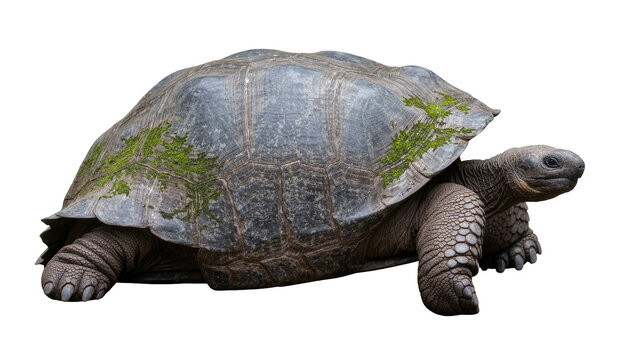 Giant tortoise with mossy shell, isolated on transparent background