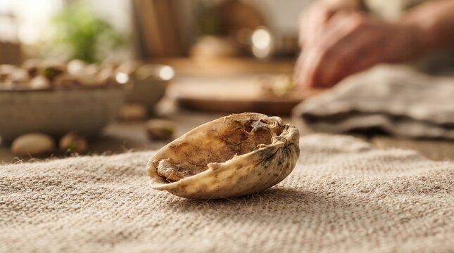 Empty walnut shell on a rustic cloth - macro food photography