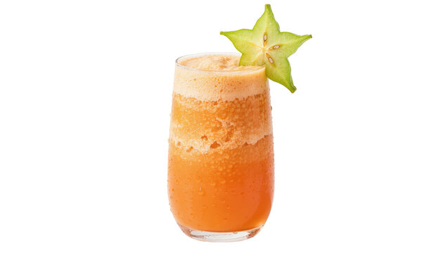 Orange smoothie in tall glass with star fruit slice garnish, isolated on transparent background