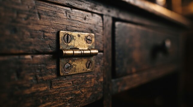 Vintage wooden furniture detail - old brass hinge on rustic desk drawer