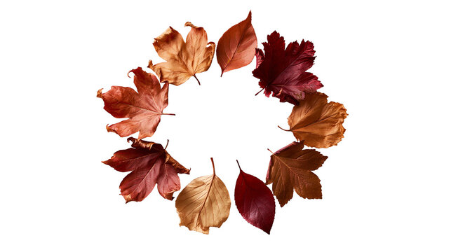 Circular arrangement of colorful autumn maple leaves in red orange and brown tones