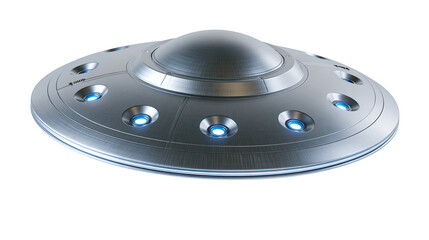 Metallic silver flying saucer with glowing blue circular lights © Liselotte