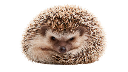 Small curled up African pygmy hedgehog with sharp brown and white quills © Liselotte