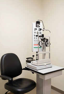 Eye examination and vision care, phoropter and eye chart in an optometrist office for ophthalmology checkup and medical diagnostic testing of eyesight