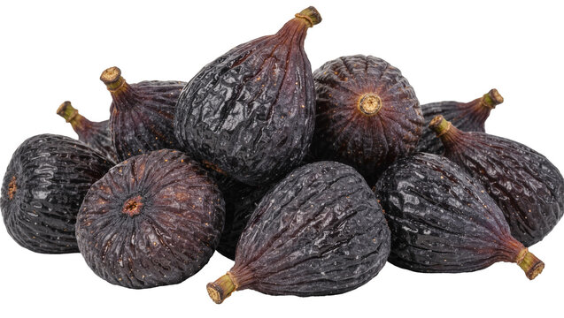Pile of dried dark purple figs with wrinkled skin, isolated on transparent background