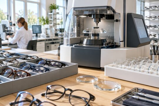 Advanced optical laboratory equipment grinding and shaping eyeglass lenses in modern workshop with optician working in background and frames on table
