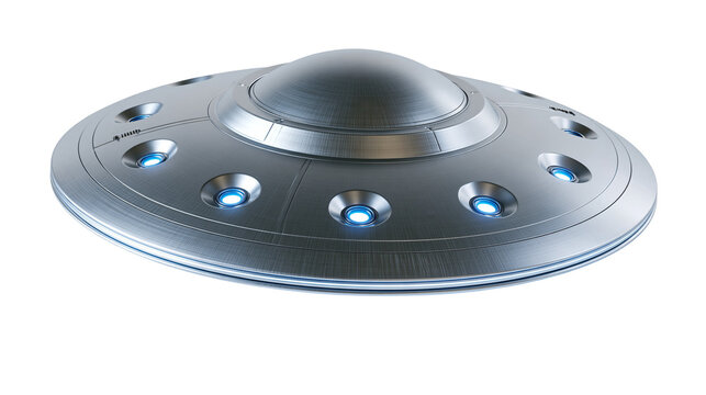 Metallic silver flying saucer with glowing blue circular lights