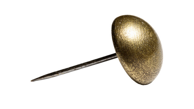 Brass thumbtack with textured dome head and sharp metal pin, isolated on transparent background