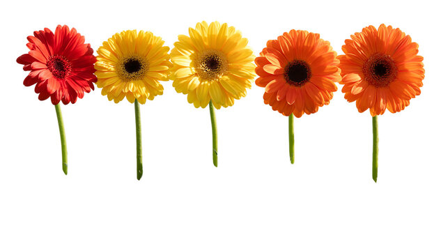Five colorful gerbera daisy flowers with green stems in a row