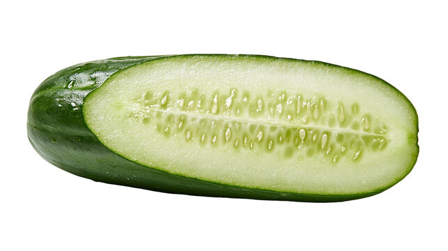 Fresh green cucumber sliced lengthwise showing seeds and moist flesh
