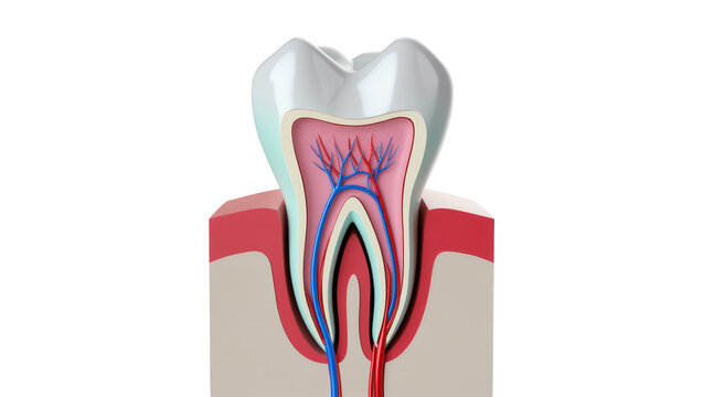 Cross-section of a human tooth showing enamel dentin pulp nerves and blood vessels, isolated on transparent background