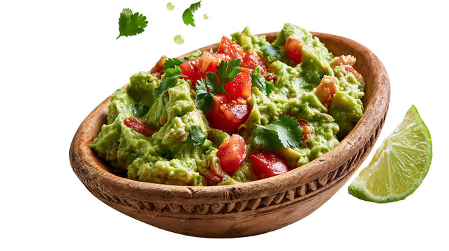 Fresh chunky guacamole with diced tomatoes and cilantro in a rustic wooden bowl