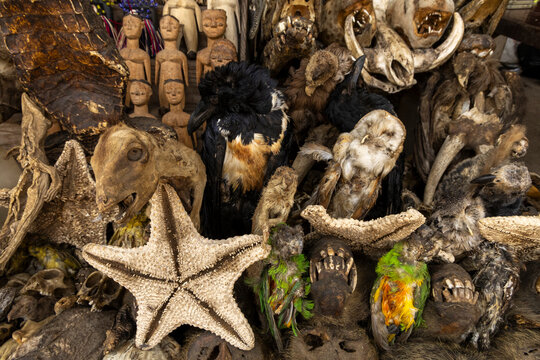 Wide display of fetish market curiosities, Lome, Togo
