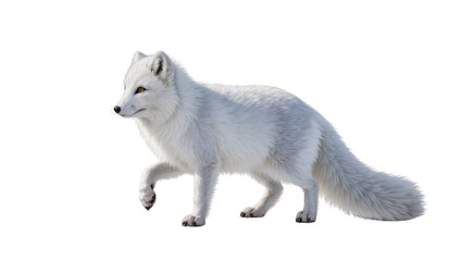Fluffy white arctic fox with amber eyes walking, isolated on transparent background © Dan