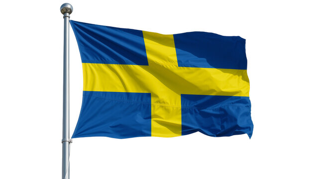 Waving Swedish flag with blue and yellow cross, isolated on transparent background