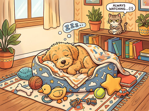 Cute sleeping dog surrounded by toys with a grumpy cat watching from above