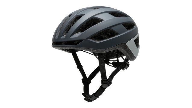 Dark grey cycling helmet with ventilation slots, isolated on transparent background