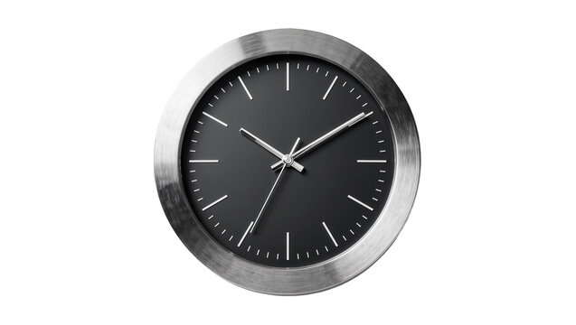 Modern metallic analog clock with black face and silver hands, isolated on transparent background