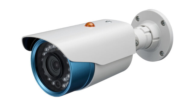 White and blue security camera with IR LEDs, isolated on transparent background
