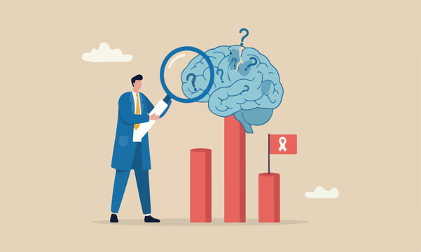 Amnesia losing, mental or remember disorder, psychology or anxiety concept, doctor with magnifying glass analyze amnesia patient brain