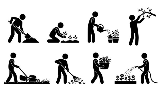 Gardening and Farming Silhouette Icon Set Featuring People Planting Crops, Watering Flowers, Trimming Trees, and Harvesting Vegetables for Agriculture Designs