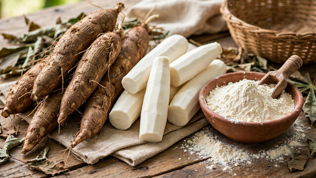 Cassava mandioca Brazilian roots whole peeled white flour bowl wooden table
