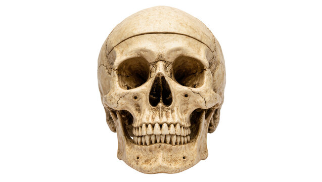 Human skull with detailed bone texture and sutures, isolated on transparent background