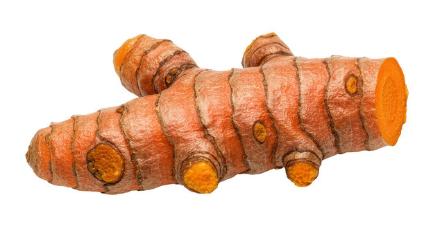 Bright orange turmeric root with textured skin, isolated on transparent background