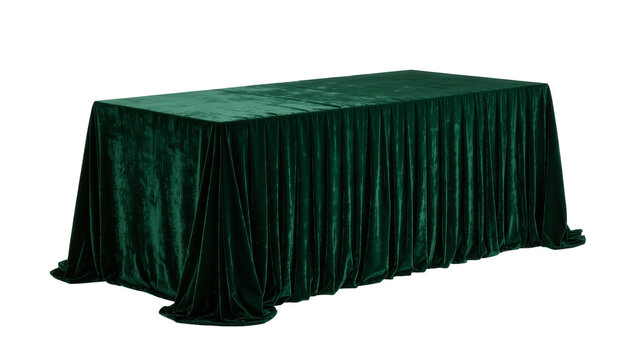 Deep green velvet tablecloth draped over a rectangular table, isolated on transparent background
