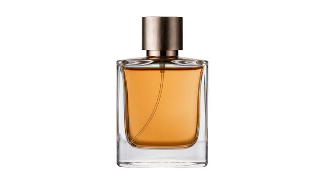 Rectangular glass perfume bottle with amber liquid and metallic cap, isolated on transparent background