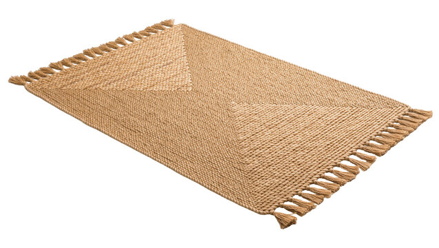Woven natural fiber rug with tasseled edges, isolated on transparent background