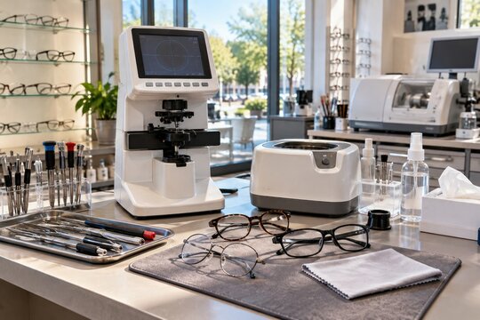Professional optometry equipment and ophthalmic lens meter on workbench in modern optical store with eyeglasses, precision tools, and diagnostic machinery