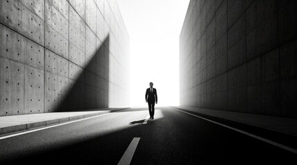 Fototapeta premium Lonely businessman walks alone on empty road between tall concrete walls. Dark silhouette of man in suit moves toward bright light in tunnel. Concept of career opportunity, success, future, solitude,