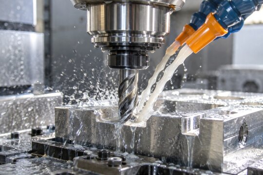 CNC milling machine cutting metal workpiece with coolant fluid splashing in industrial factory, precision metalworking and manufacturing process
