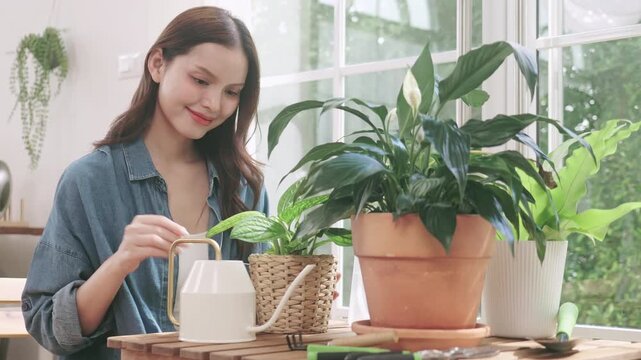 Happy young woman taking care of indoor plants at home.