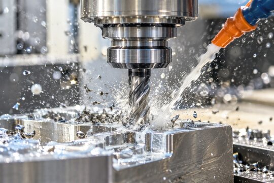 CNC milling machine cutting metal workpiece with coolant spray and flying metal chips in modern industrial manufacturing plant