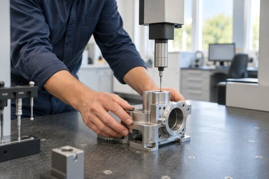 Professional engineer operating coordinate measuring machine CMM for precision quality control inspection of metal mechanical part in modern industrial manufacturing laboratory