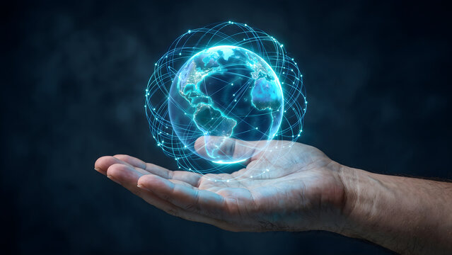 Human hand cradling a luminous digital globe, representing global data networks, advanced connectivity, and the future of technology