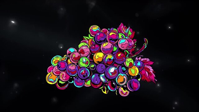Vibrant Stylized Grape Cluster Graphic Against Black Background with Bold Neon Colors and Artistic Flair for Design Projects