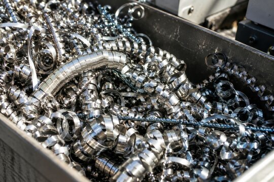 Metal shavings and steel curls scrap in industrial bin after machining process in manufacturing workshop