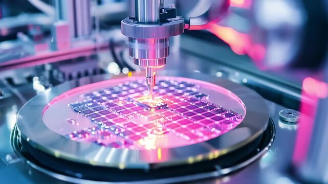 A machine applies precision techniques to create microchips in a controlled environment using laser and light technology
