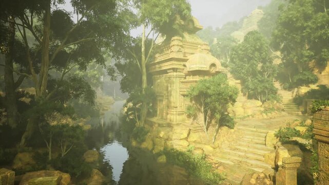 Sunlit Chacoinspired canyon temple beside narrow watercourse, stepped platforms rise through lush canopy, tranquil scene suggests pilgrimage, exploration,