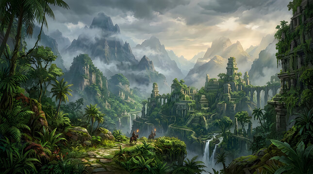 Dramatic fantasy landscape with towering cliffs a waterfall and a bright sky