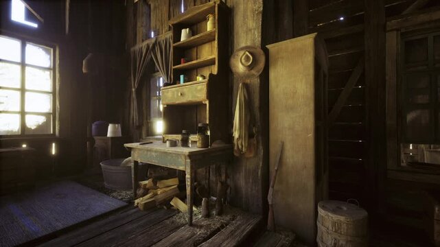 Dim Namibian workshop with shadowed tools and window beam, worn benches and chipped chisel on work surface, dense dust motes and weathered timber textures, mood