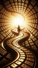 Fototapeta premium Silhouetted person meditates in center of glowing fractal keyboard tunnel. Abstract digital architecture forms winding golden path with computer keys. Concept of zen, mindfulness, mental connection