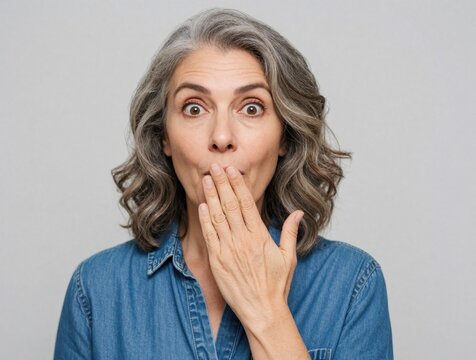 Middle aged woman shows shocked face expression. Surprised lady covers mouth with hand against grey background. Mature female looks amazed with wide eyes in closeup portrait. Emotional person reacts