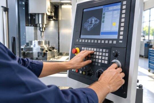 Professional machinist operating CNC milling machine control panel in modern industrial factory with digital display screen and precision metalwork tools