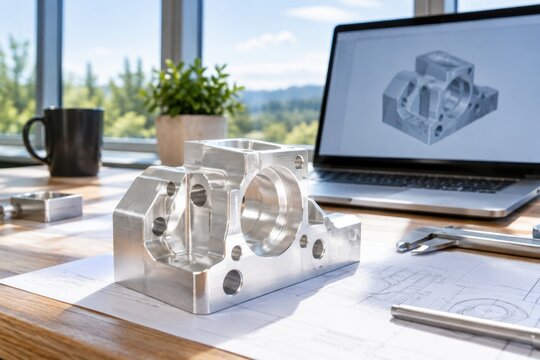 Machined aluminum mechanical prototype resting on engineering blueprints beside laptop displaying 3D CAD model in bright modern industrial design office