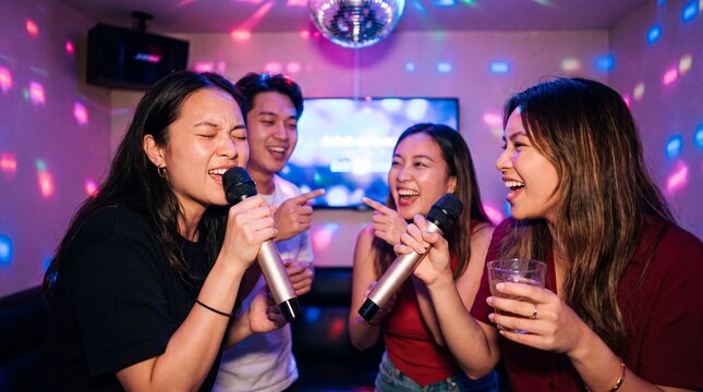 Friends Singing Karaoke Together Into Microphones at Party