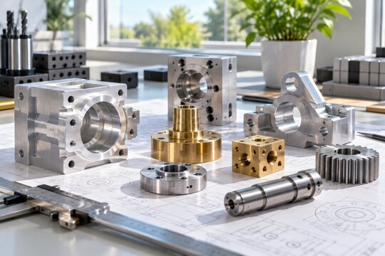 Precision machined metal parts and custom mechanical components arranged on engineering blueprint with calipers in modern industrial workshop